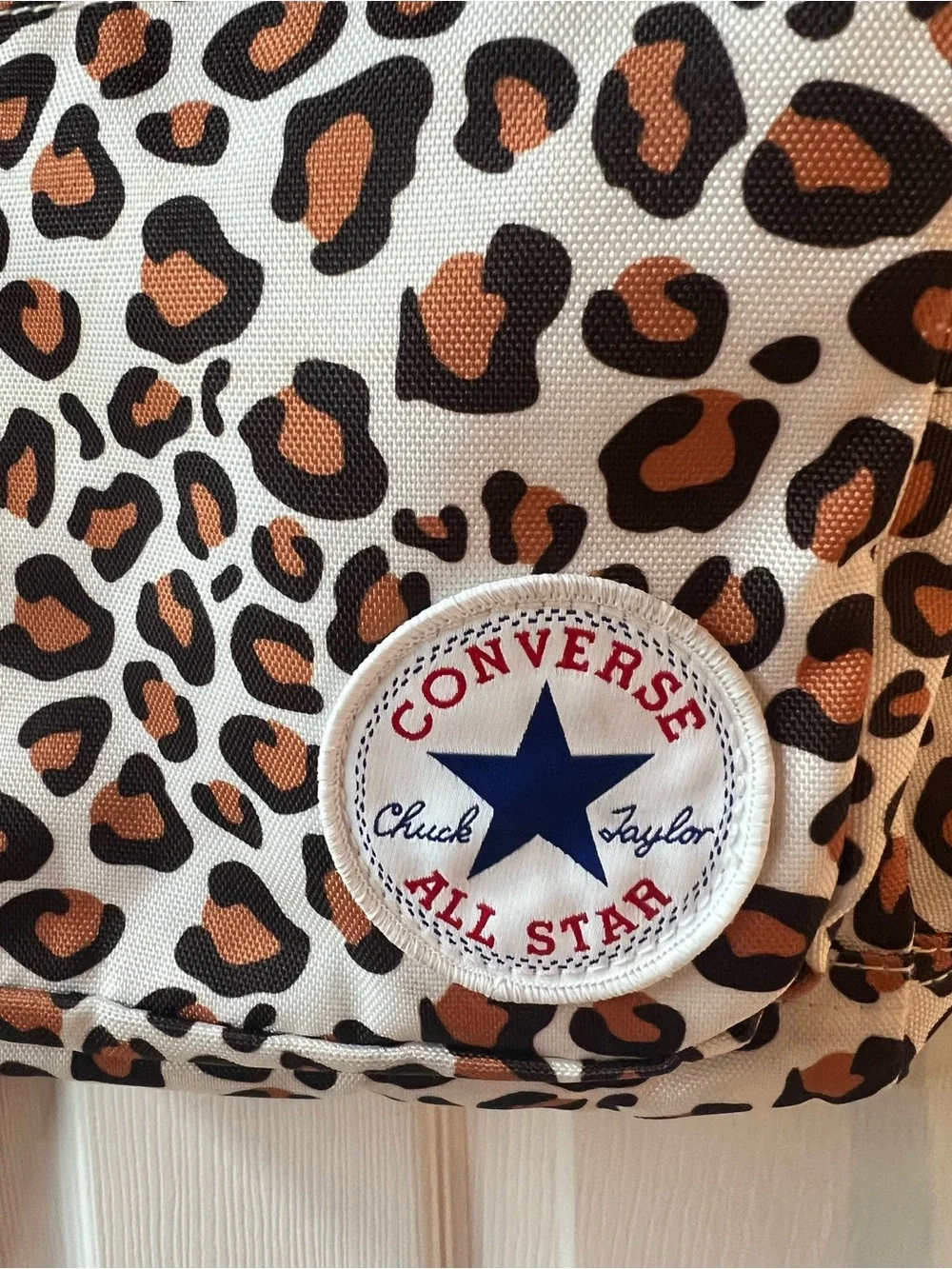 Converse White Leopard Print Backpack with Tan and Black Spots